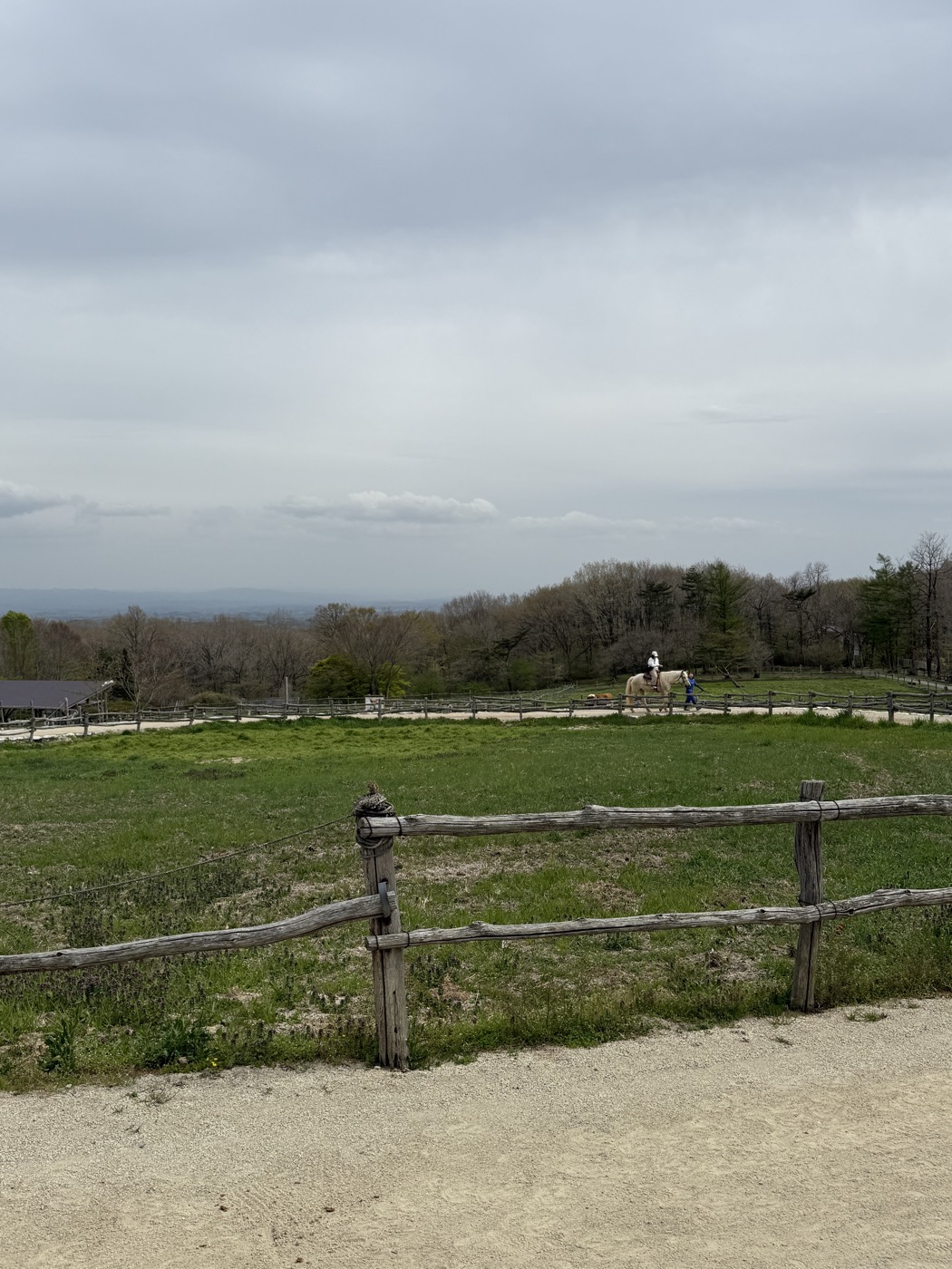 那須高原 南ヶ丘牧場の牧草地と木柵、遠くに乗馬の風景